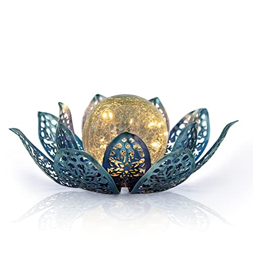 Garden Solar Lights Outdoor - Lotus Solar Lamp Waterproof Metal Crackle Glass Globe LED Lotus Flower Garden Decor Light for Tabletop, Pathway, Lawn and Garden (Snowflake)