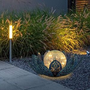 Garden Solar Lights Outdoor - Lotus Solar Lamp Waterproof Metal Crackle Glass Globe LED Lotus Flower Garden Decor Light for Tabletop, Pathway, Lawn and Garden (Snowflake)