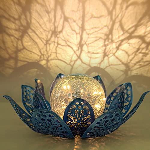 Garden Solar Lights Outdoor - Lotus Solar Lamp Waterproof Metal Crackle Glass Globe LED Lotus Flower Garden Decor Light for Tabletop, Pathway, Lawn and Garden (Snowflake)