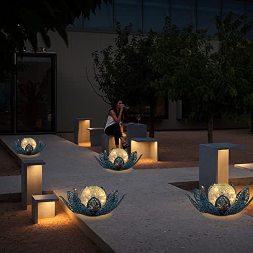 Garden Solar Lights Outdoor - Lotus Solar Lamp Waterproof Metal Crackle Glass Globe LED Lotus Flower Garden Decor Light for Tabletop, Pathway, Lawn and Garden (Snowflake)