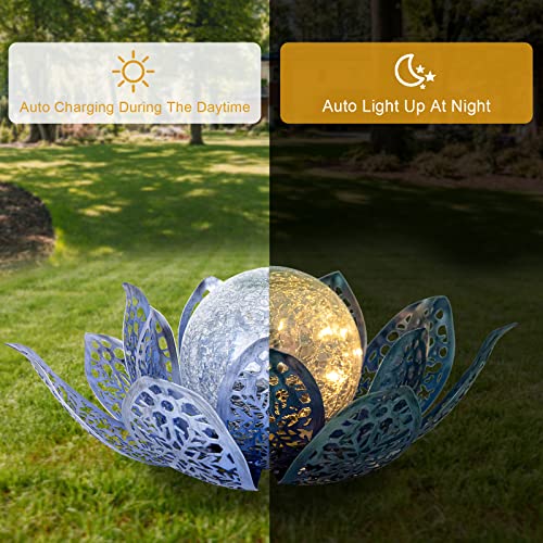 Garden Solar Lights Outdoor - Lotus Solar Lamp Waterproof Metal Crackle Glass Globe LED Lotus Flower Garden Decor Light for Tabletop, Pathway, Lawn and Garden (Snowflake)