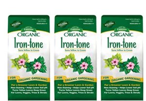 espoma organic iron-tone 3-0-3 organic fertilizer and plant food to help correct iron deficiency (chlorosis). 5 lb. bag. turns yellow to green, non staining iron – 3 pack