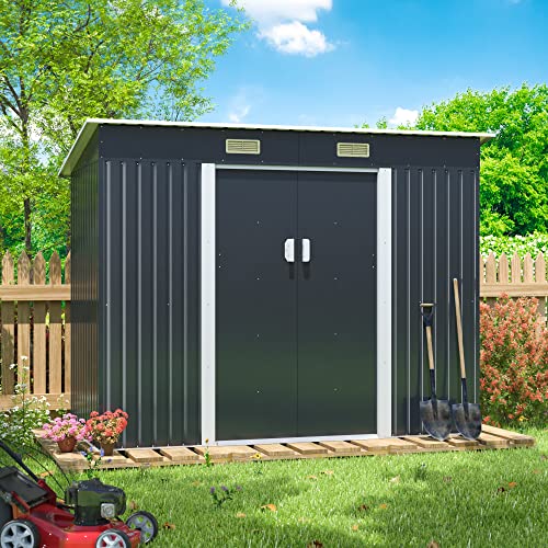 JAXPETY Garden 4.2' x 9.1' Storage Shed, Galvanized Steel Outdoor Storage Shed with Four Vents and Lockable Door, Outdoor Backyard Storage for Lawn Mover, Bike, Garbage Can, Tools