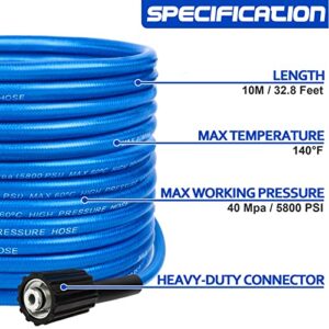 32.8 Ft Pressure Washer Hose, 5800 PSI Kink Resistant Washer Hose for Power Washer Upgrade Flexible Pressure Washer Hose Compatible with M22 14MM Connectors Suitable for Most Pressure Washers (Blue)