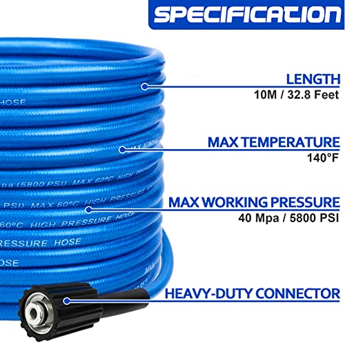 32.8 Ft Pressure Washer Hose, 5800 PSI Kink Resistant Washer Hose for Power Washer Upgrade Flexible Pressure Washer Hose Compatible with M22 14MM Connectors Suitable for Most Pressure Washers (Blue)