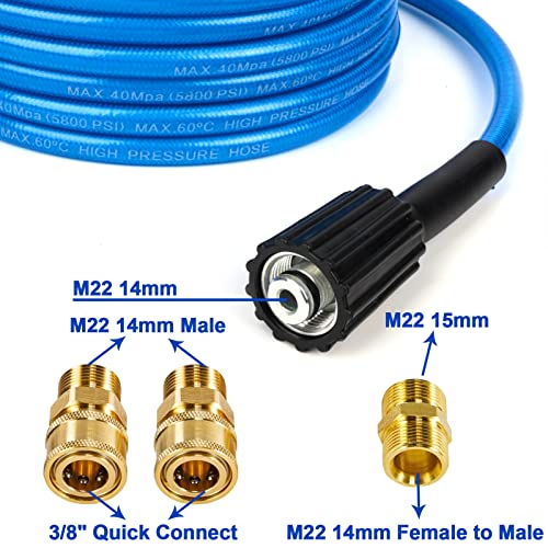 32.8 Ft Pressure Washer Hose, 5800 PSI Kink Resistant Washer Hose for Power Washer Upgrade Flexible Pressure Washer Hose Compatible with M22 14MM Connectors Suitable for Most Pressure Washers (Blue)