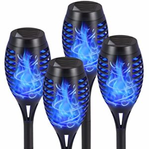 upgrade solar lights outdoor waterproof, 4 pack solar outdoor torches lights with flickering flame mini solar landscape decoration lighting auto on/off pathway lights for garden yard patio (blue)