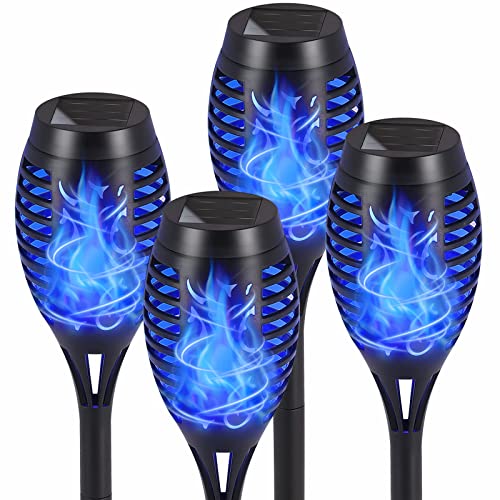 Upgrade Solar Lights Outdoor Waterproof, 4 Pack Solar Outdoor Torches Lights with Flickering Flame Mini Solar Landscape Decoration Lighting Auto On/Off Pathway Lights for Garden Yard Patio (Blue)