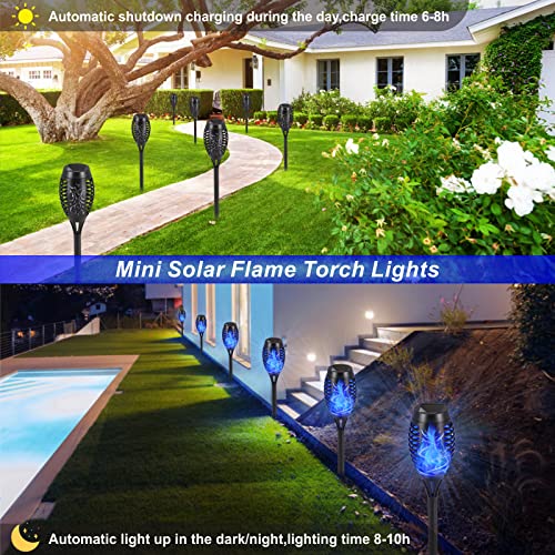 Upgrade Solar Lights Outdoor Waterproof, 4 Pack Solar Outdoor Torches Lights with Flickering Flame Mini Solar Landscape Decoration Lighting Auto On/Off Pathway Lights for Garden Yard Patio (Blue)