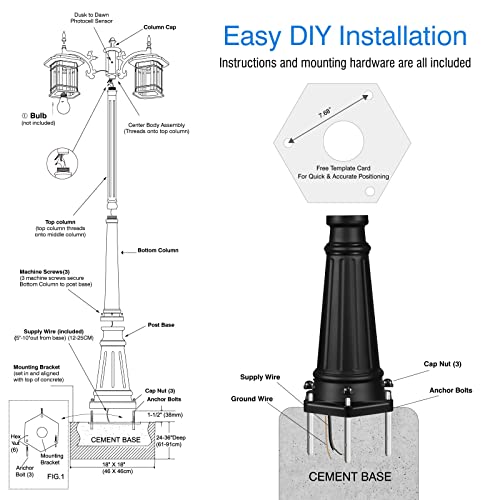 VIANIS Outdoor Lamp Post Light, Dusk to Dawn Triple-Head Waterproof Street Light, Black Pole Lights for Outside Aluminum Anti-Rust, Led Lantern Lamp Fixture for Backyard Driveway Garden Patio Décor