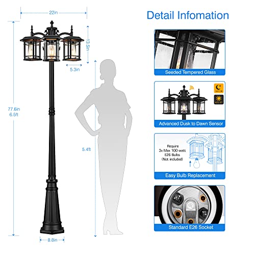 VIANIS Outdoor Lamp Post Light, Dusk to Dawn Triple-Head Waterproof Street Light, Black Pole Lights for Outside Aluminum Anti-Rust, Led Lantern Lamp Fixture for Backyard Driveway Garden Patio Décor