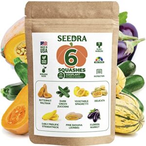 seedra.us 6 squash seeds variety pack – 325+ non gmo, heirloom seeds for indoor outdoor home garden – summer and winter squash seeds, zucchini seeds + eggplant seeds