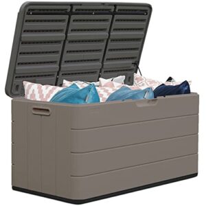 addok 85 gallon resin deck box, outdoor storage box for patio furniture cushions,garden tools & pool toys, lockable (dark brown)