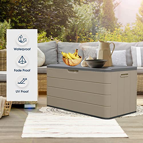 ADDOK 85 Gallon Resin Deck Box, Outdoor Storage Box for Patio Furniture Cushions,Garden Tools & Pool Toys, Lockable (Dark Brown)