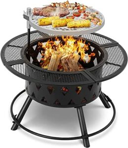 garden fire pit outdoor 32″ wood burning outdoor party bbq fire pit backyard with 18.5in cooking grill outdoor portable fire bowl metal firepit
