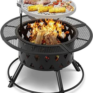 Garden Fire Pit Outdoor 32" Wood Burning Outdoor Party BBQ Fire Pit Backyard with 18.5In Cooking Grill Outdoor Portable Fire Bowl Metal Firepit