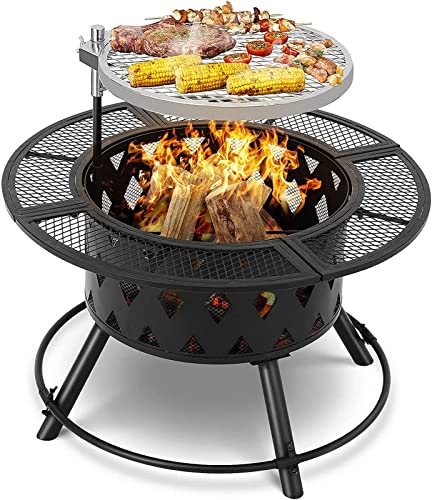 Garden Fire Pit Outdoor 32" Wood Burning Outdoor Party BBQ Fire Pit Backyard with 18.5In Cooking Grill Outdoor Portable Fire Bowl Metal Firepit