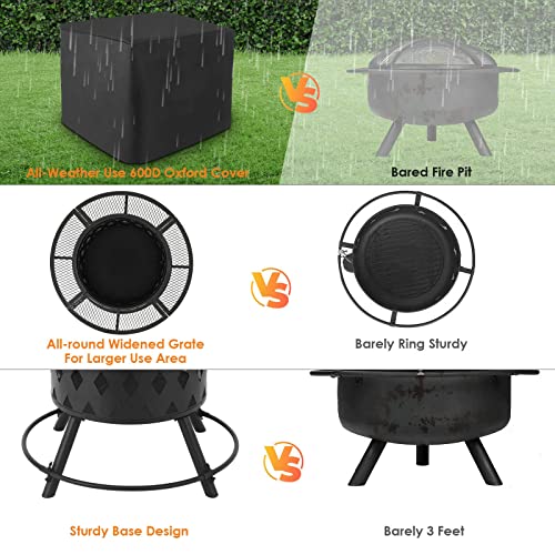 Garden Fire Pit Outdoor 32" Wood Burning Outdoor Party BBQ Fire Pit Backyard with 18.5In Cooking Grill Outdoor Portable Fire Bowl Metal Firepit