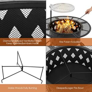 Garden Fire Pit Outdoor 32" Wood Burning Outdoor Party BBQ Fire Pit Backyard with 18.5In Cooking Grill Outdoor Portable Fire Bowl Metal Firepit