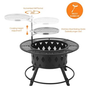 Garden Fire Pit Outdoor 32" Wood Burning Outdoor Party BBQ Fire Pit Backyard with 18.5In Cooking Grill Outdoor Portable Fire Bowl Metal Firepit