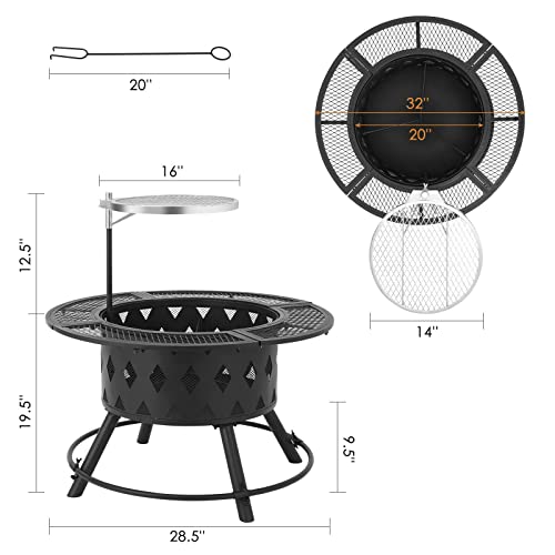 Garden Fire Pit Outdoor 32" Wood Burning Outdoor Party BBQ Fire Pit Backyard with 18.5In Cooking Grill Outdoor Portable Fire Bowl Metal Firepit