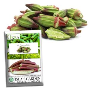 hill country red okra seeds for planting, 100+ heirloom seeds per packet, (isla’s garden seeds), non gmo seeds, botanical name: abelmoschus esculentus, great home garden gift
