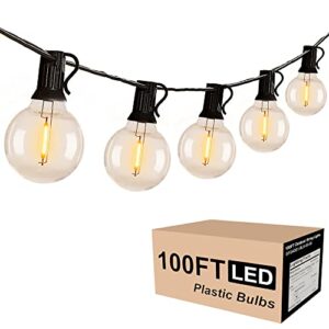 outdoor string lights led 100ft – g40 dimmable globe patio string lights with 52 shatterproof plastic bulbs – waterproof connectable hanging light string lights for backyard bistro cafe garden outside