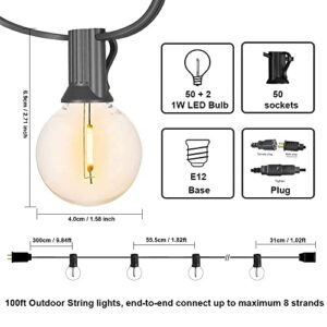 Outdoor String Lights LED 100FT - G40 Dimmable Globe Patio String Lights with 52 Shatterproof Plastic Bulbs - Waterproof Connectable Hanging Light String Lights for Backyard Bistro Cafe Garden Outside