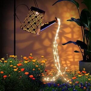 solar watering can outdoor garden decor, warm waterfall string lights solar lanterns, landscape lights for front yard porch lawn driveway patio backyard pathway gardening gift(with shepherd hook)