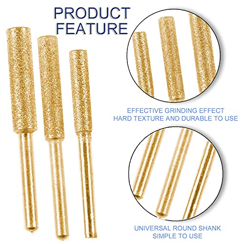 Burr Grinding Stone File - 6Pcs 3mm 5/32" 3/16" 7/32" Shank Diamond Chainsaw Sharpener Rotary Bit Set Polishing Sharpening Garden Tool for Lawn Mower Chainsaw Parts Garden,120-150 Grit,Gold (Gold)