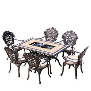 wood fire pits outdoor outdoor garden barbecue table – wood burning fire pit, backyard patio table and chair set, heavy-duty bbq cooking table, with 6 chairs