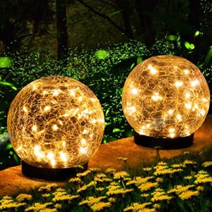 ywywled 2 globes solar garden lights – two lighting modes 4.7’’ cracked glass ball lights, 30 leds solar lights outdoor waterproof for patio, yard, porch, garden decor for outside (warm white)