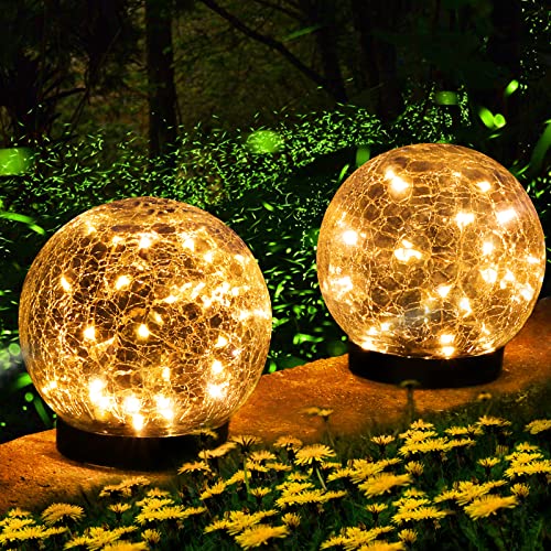 YWYWLED 2 Globes Solar Garden Lights - Two Lighting Modes 4.7’’ Cracked Glass Ball Lights, 30 LEDs Solar Lights Outdoor Waterproof for Patio, Yard, Porch, Garden Decor for Outside (Warm White)