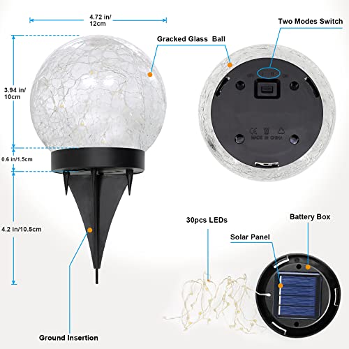 YWYWLED 2 Globes Solar Garden Lights - Two Lighting Modes 4.7’’ Cracked Glass Ball Lights, 30 LEDs Solar Lights Outdoor Waterproof for Patio, Yard, Porch, Garden Decor for Outside (Warm White)