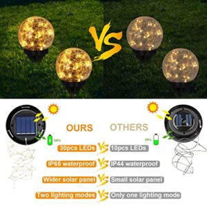 YWYWLED 2 Globes Solar Garden Lights - Two Lighting Modes 4.7’’ Cracked Glass Ball Lights, 30 LEDs Solar Lights Outdoor Waterproof for Patio, Yard, Porch, Garden Decor for Outside (Warm White)