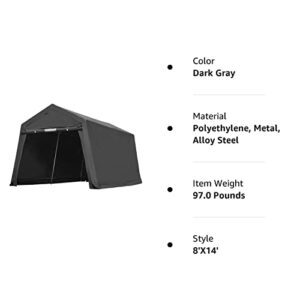 ADVANCE OUTDOOR 8X14 ft Steel Metal Peak Roof Anti-Snow Portable Garage Shelter Storage Shed Carport for Motorcycle Bike or Garden Tools with 2 Roll up Doors & Vents, Gray