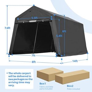 ADVANCE OUTDOOR 8X14 ft Steel Metal Peak Roof Anti-Snow Portable Garage Shelter Storage Shed Carport for Motorcycle Bike or Garden Tools with 2 Roll up Doors & Vents, Gray