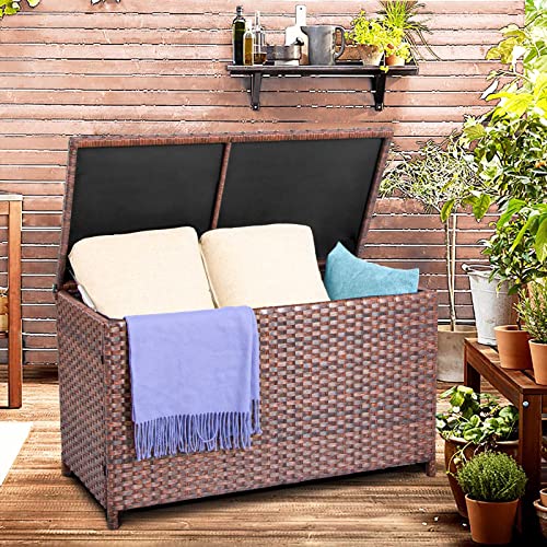 DIMAR GARDEN Outdoor Storage Deck Boxes with Waterproof Cover 70 Gallon,Patio Wicker Storage Box,Brown