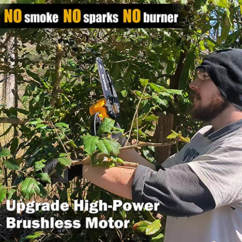 Mini Chainsaw Cordless 6 inch, Powerful Brushless Motor Chain saw, Hand Held Battery Chainsaw, 2.2 lbs Portable Small Electric Chainsaw, 21V 2000mAh Battery*2, For Tree Trimming Wood Cutting.