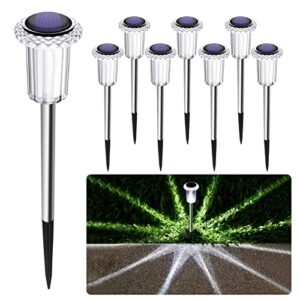 Solar Pathway Lights Solar Outdoor Lights Solar Sidewalk Lights 8 Pack LED Crystal Stainless Steel Waterproof Solar Path Light Garden Stake Lights Yard Lights for Lawn Patio Walkway Landscape Lighting