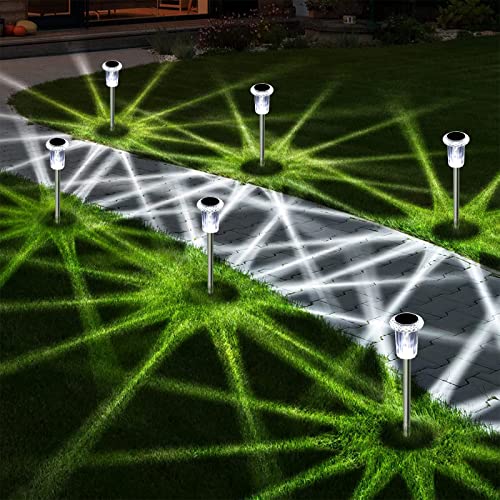 Solar Pathway Lights Solar Outdoor Lights Solar Sidewalk Lights 8 Pack LED Crystal Stainless Steel Waterproof Solar Path Light Garden Stake Lights Yard Lights for Lawn Patio Walkway Landscape Lighting