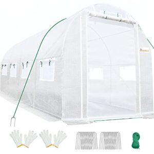 king bird upgraded 15×6.6×6.6ft large walk-in greenhouse heavy duty galvanized steel frame 2 zippered screen doors 8 screen windows tunnel garden plant hot green house 20 stakes 4 ropes 2 gloves white