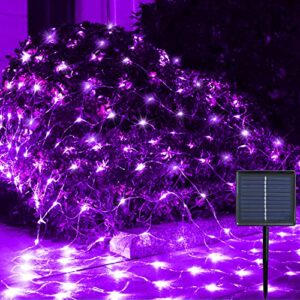 solar net halloween lights purple, 204 led net lights outdoor mesh lights transparent wire, solar powered string lights for garden, yard, bushes, trunk, xmas tree decor-9.8ft x 6.6ft