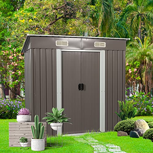 6.4 x 4ft Outdoor Metal Storage Shed，with Lockable Doors, Floor Frame, Sun Protection, Waterproof Tool Storage Shed for Patio, Lawn,Backyard (Gray-6.4 x 4ft)