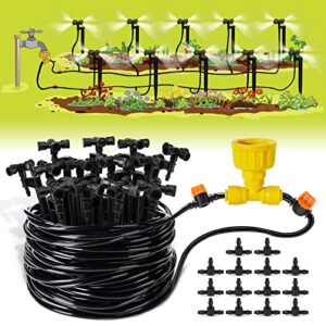 hiraliy 65.6ft/20m plant watering system, drip irrigation kit for plant, 1/4″ blank distribution tubing and 4-outlets watering misting nozzles, automatic irrigation equipment set for patio lawn