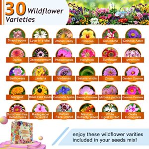 35,000+ Seeds in Bulk 2.1oz Packet Growing Wild Flowers to Attract Bees, Butterflies and Birds, 30 Annual Perennial Wildflower Seeds Mix for Planting Indoor & Outdoors