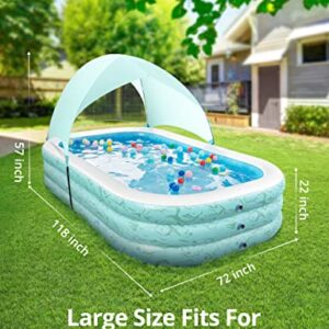 Inflatable Swimming Pool, 118" x72" x22" Family Blow up Swim Pools with Sun Shade,UV30+ Sun Shelter , Rectangular Lounging Pool for Backyard, Garden, Adults, for Age 3+