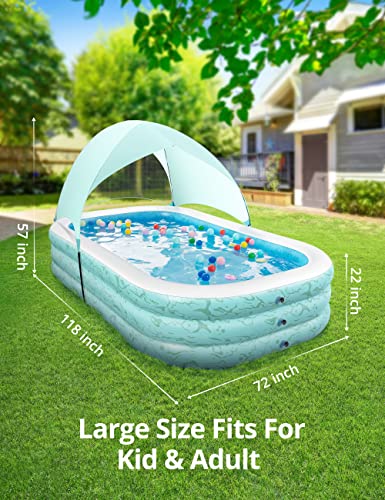 Inflatable Swimming Pool, 118" x72" x22" Family Blow up Swim Pools with Sun Shade,UV30+ Sun Shelter , Rectangular Lounging Pool for Backyard, Garden, Adults, for Age 3+