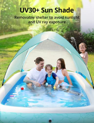 Inflatable Swimming Pool, 118" x72" x22" Family Blow up Swim Pools with Sun Shade,UV30+ Sun Shelter , Rectangular Lounging Pool for Backyard, Garden, Adults, for Age 3+