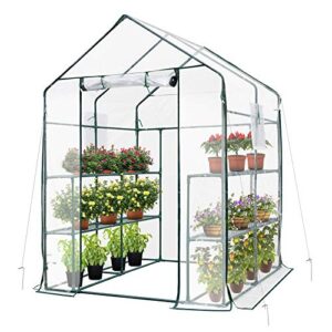 vivosun 57x57x77-inch transparent mini walk-in green house with window and anchor, plant garden hot house 2 tiers 8 shelves, 4.7 x 4.7 x 6.4 ft